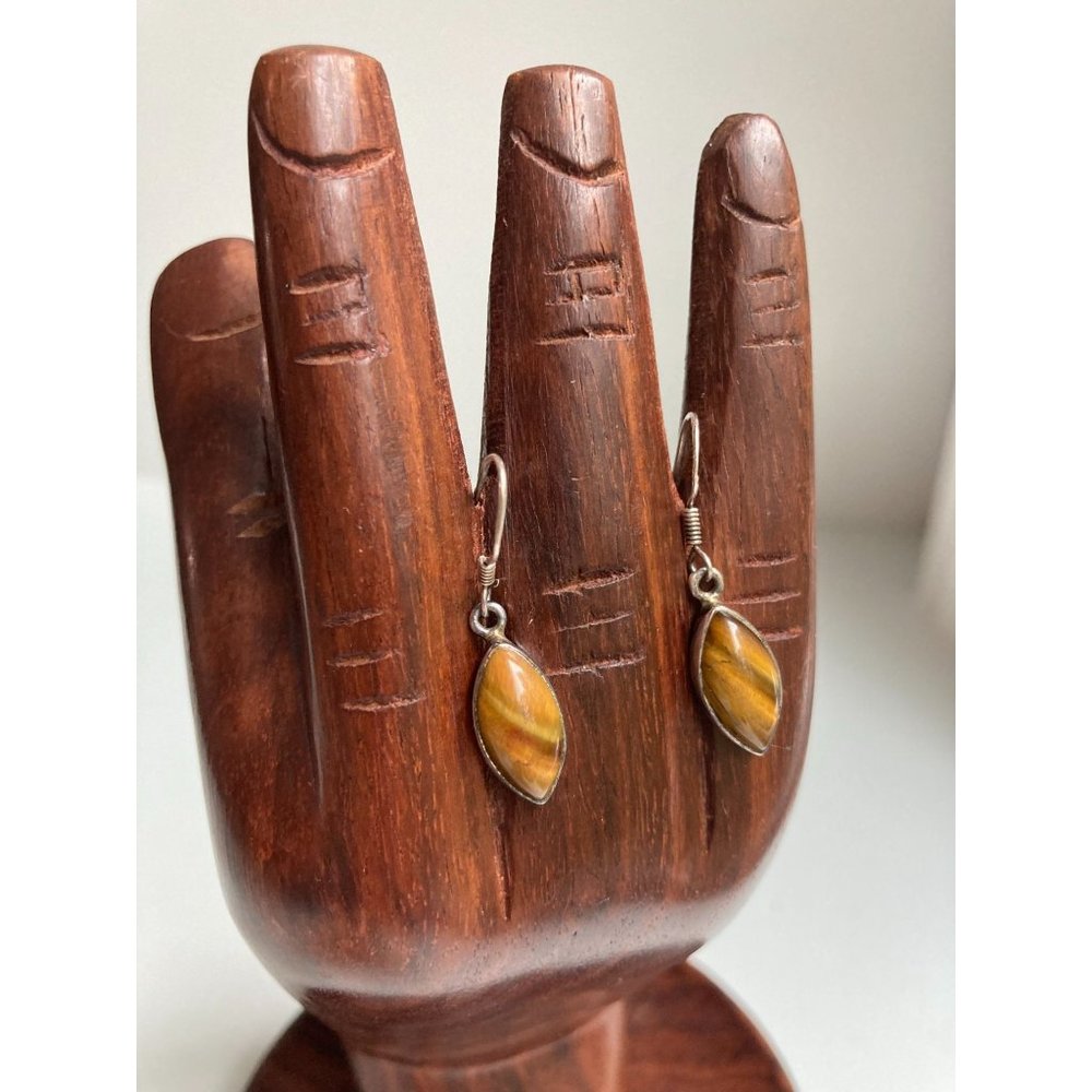 Sterling Tigers Eye Drop Earrings 925, Signed